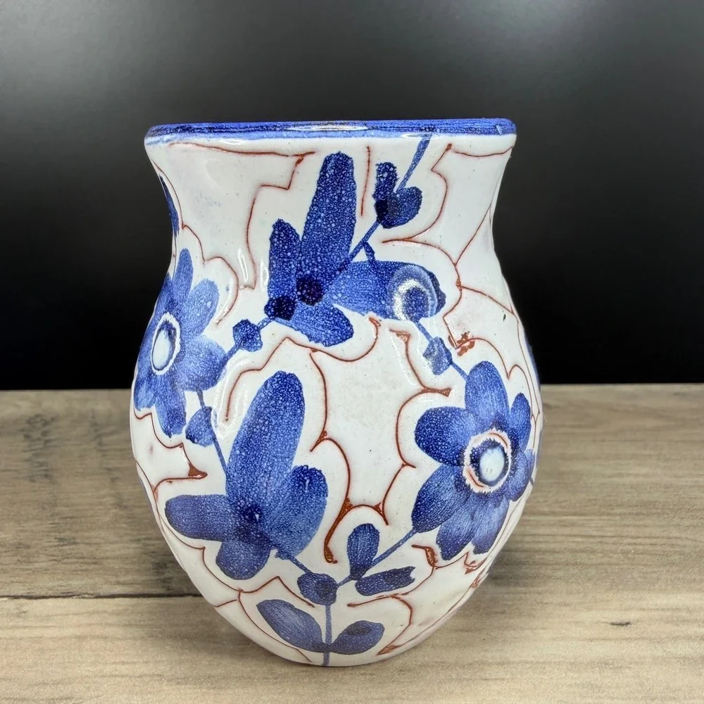 Vintage Made in Norway Blue White Floral‎ Ceramic Bud Vase Hand Painted 3.5 Inch